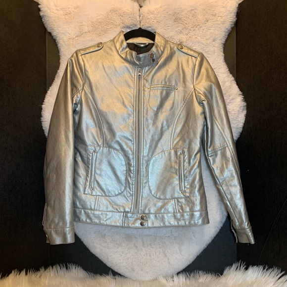 Attention Silver Faux Leather Moto Jacket Women S - Picture 1 of 2
